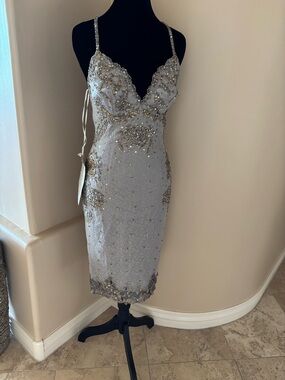 Beaded Silver Midi Sheath Dress with Gold Embellishment